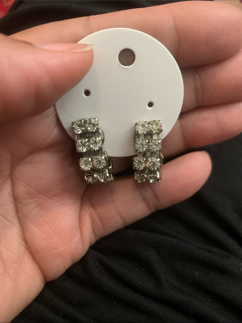 Vintage Rhinestone Hoop Clip on Earrings - Clear Crystal Silver Tone